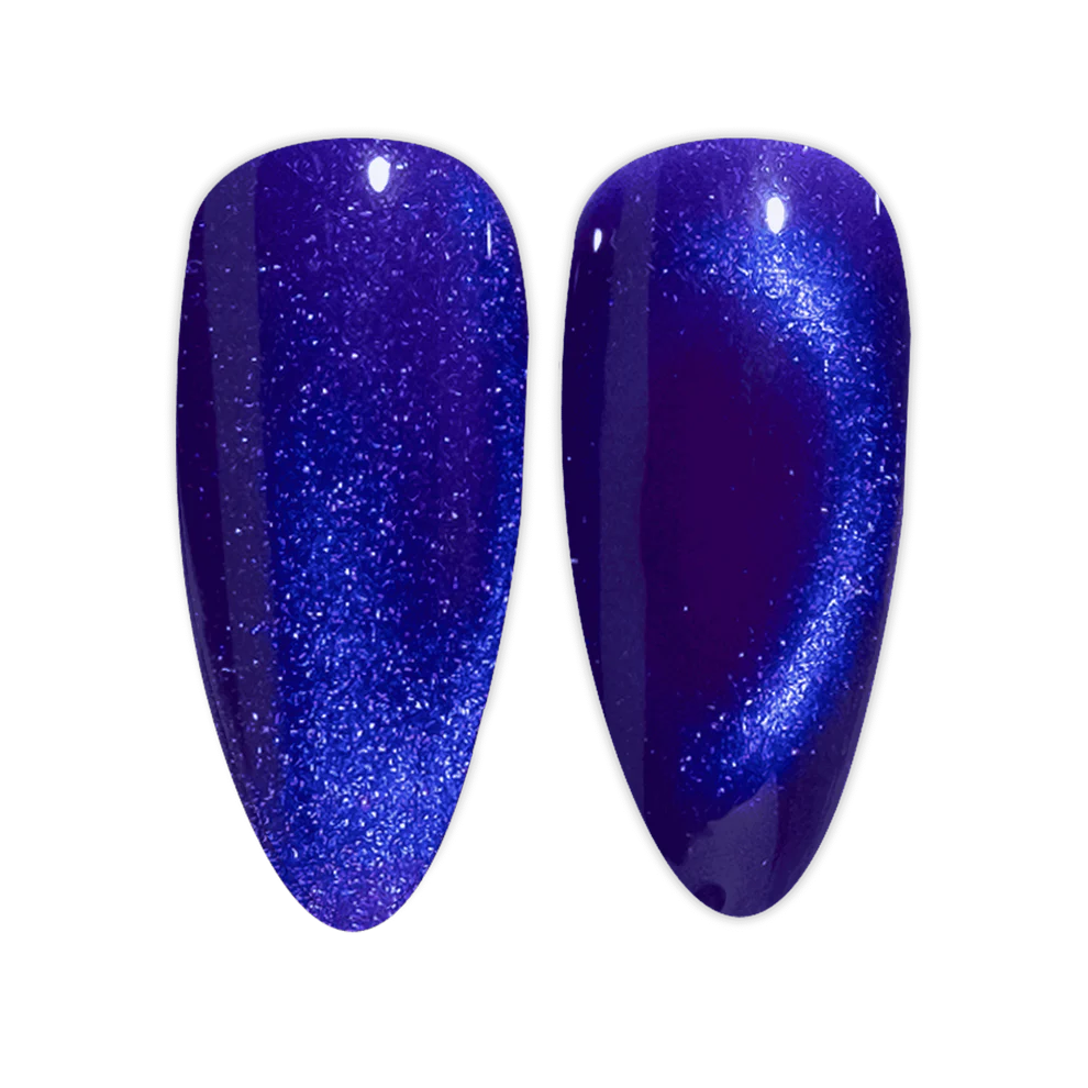 DND Diva Gel Polish 9D Cat Eye in Puma Purple with glassball effect, showcasing vibrant purple color and shimmering finish.