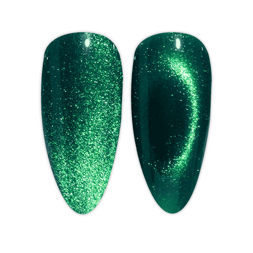 DND Diva 9D Cat Eye Gel Polish in Jungle Cat shade with glassball effect, featuring a vibrant green and gold cat eye finish.