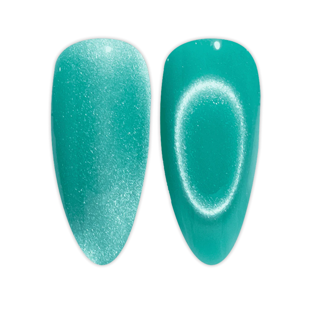 DND Diva 9D Cat Eye Gel Polish in Sea Glass shade with glassball effect, showing vibrant blue-green color and shiny finish.