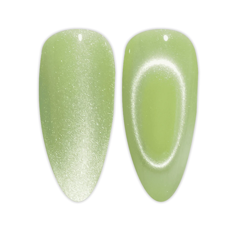 DND Diva 9D Cat Eye Gel Polish in Leafy Prowl #12, featuring a glassball finish and vibrant green leaf design.