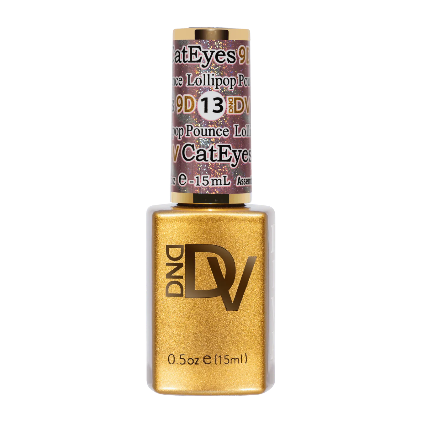DND Diva 9D Cat Eye Gel Polish in Lollipop Pounce, featuring vibrant cat eye effects and glassball shimmer in a sleek bottle.
