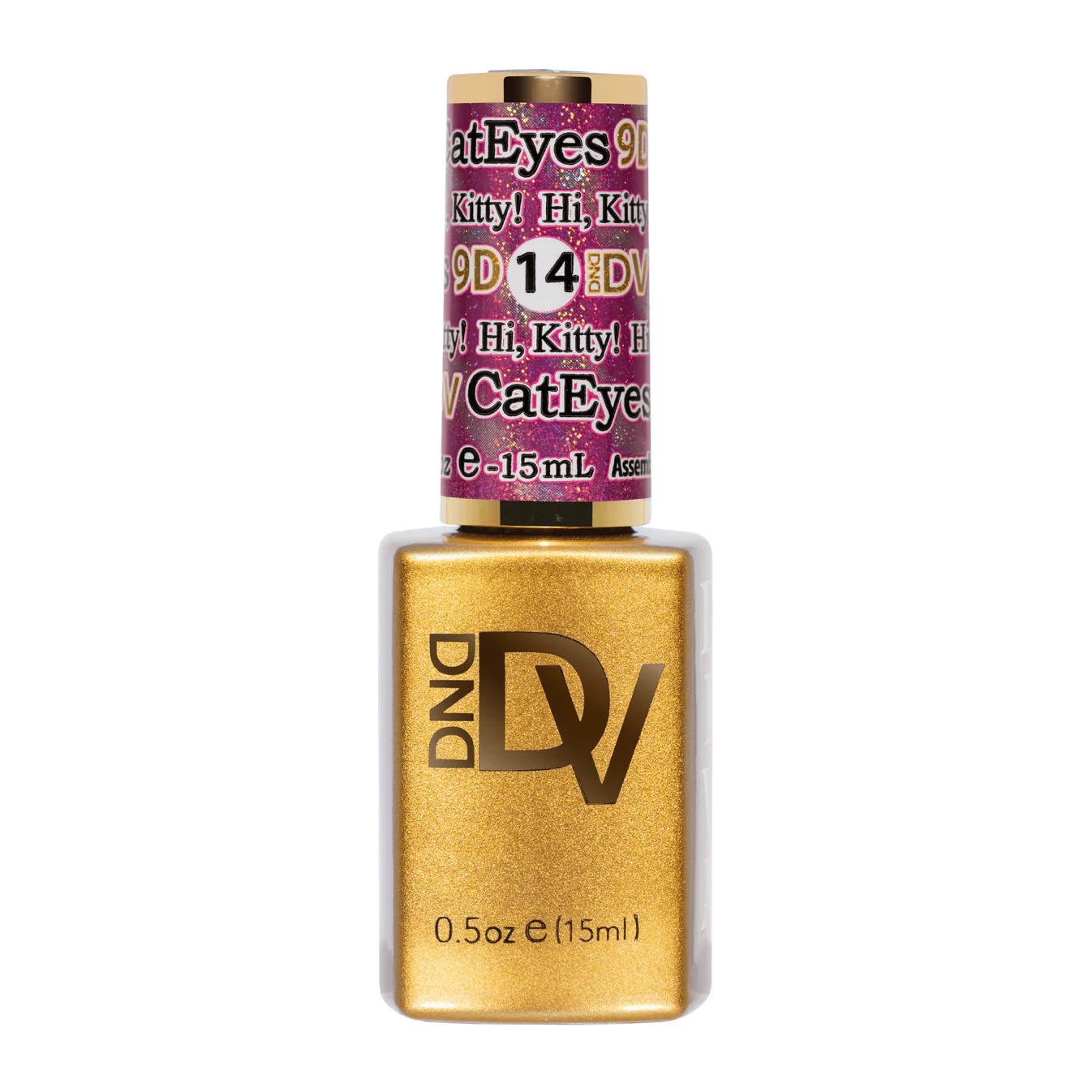 DND Diva 9D Cat Eye Gel Polish in Hi, Kitty! shade with glassball effect, showcasing shiny, multi-dimensional cat eye finish.