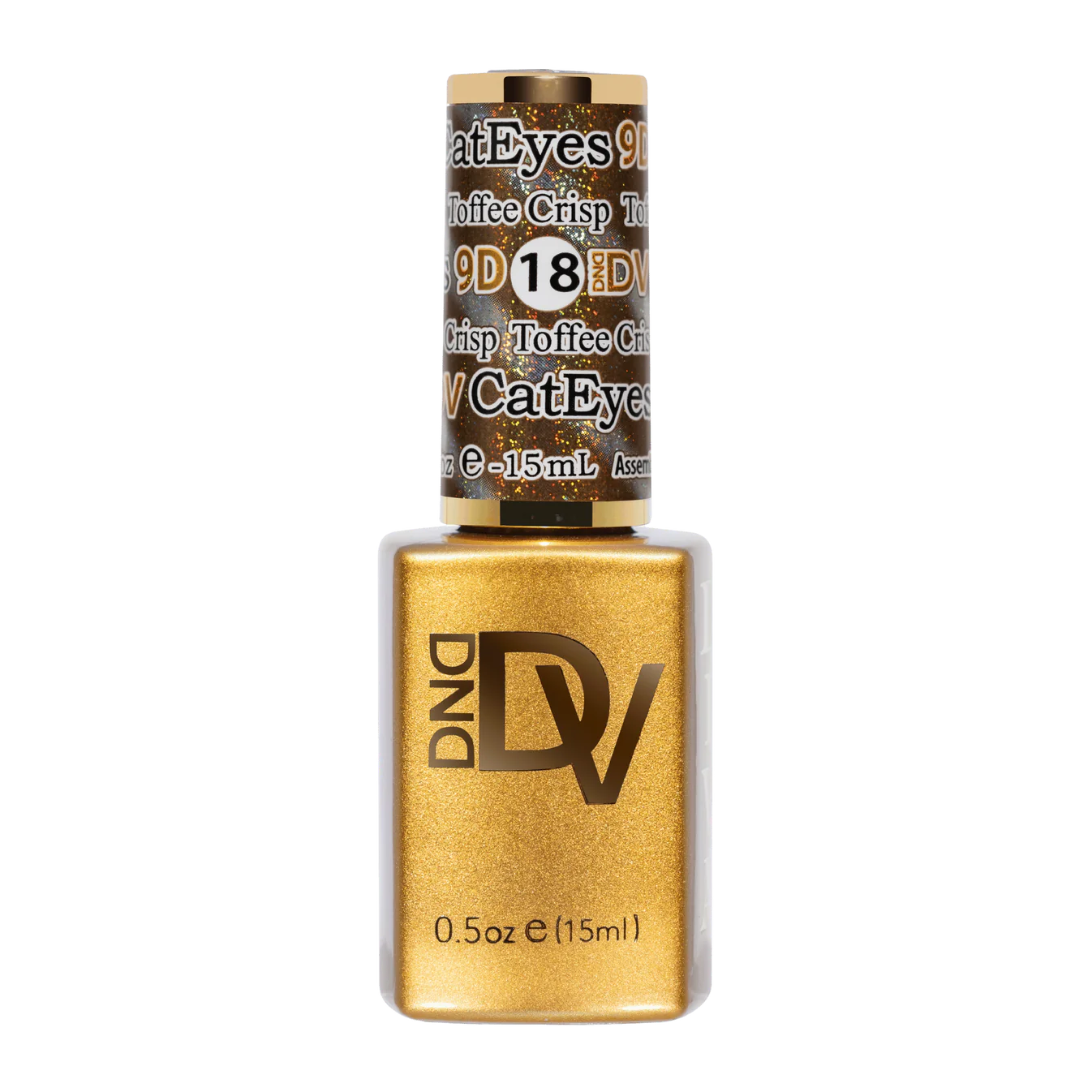 DND Diva 9D Cat Eye Gel Polish in Toffee Crisp, showing the glossy, metallic finish and cat eye effect with glassball shimmer.