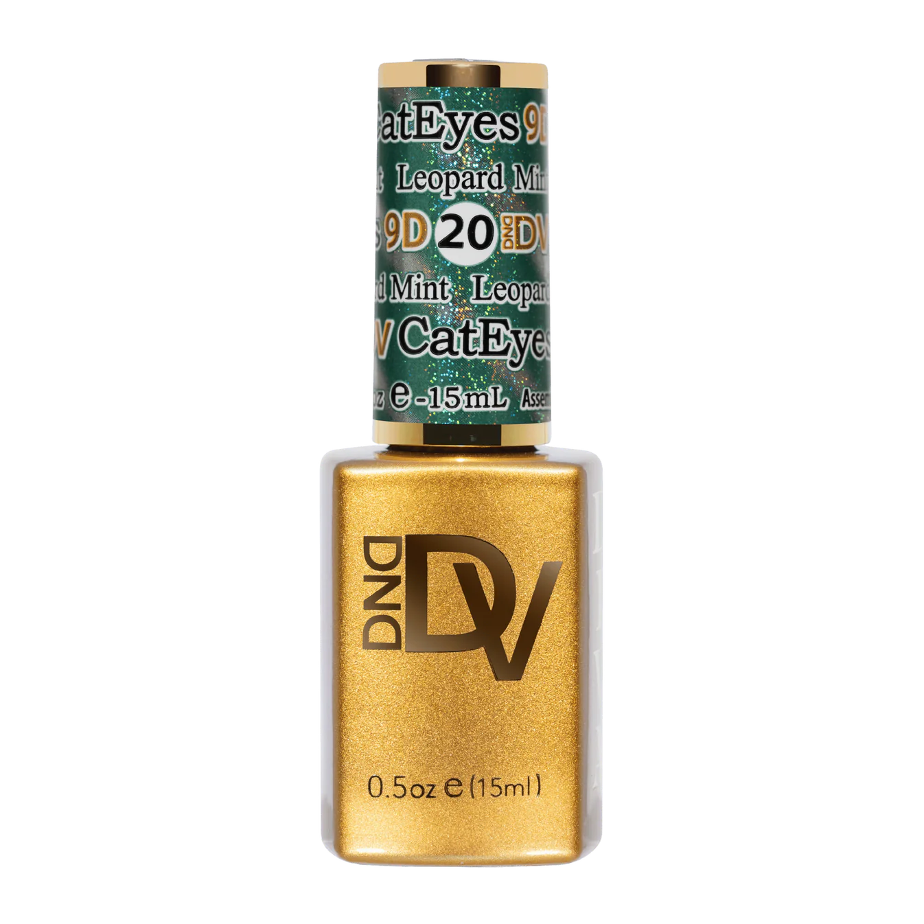 DND Diva 9D Cat Eye Gel Polish in Leopard Mint with glassball finish, showcasing the vibrant, shimmering green and gold cat eye effect.