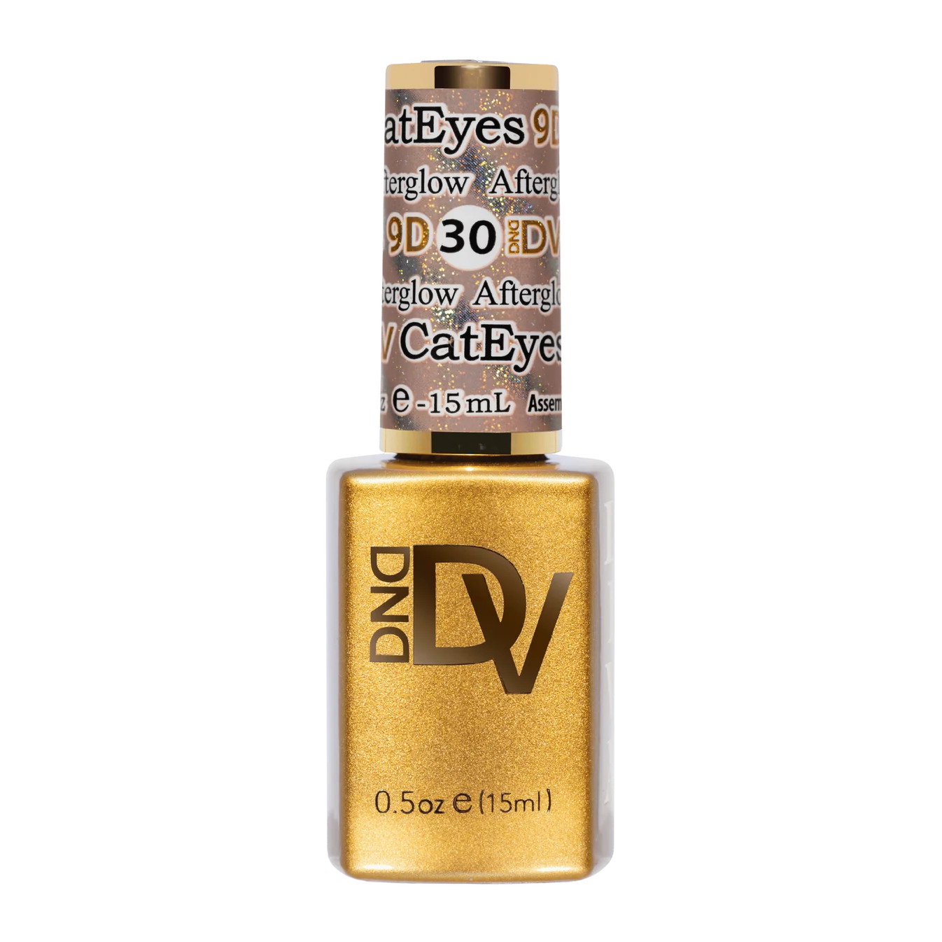 DND Diva 9D Cat Eye Gel Polish in Afterglow, featuring a glassball finish and vibrant cat eye effect on a smooth nail surface.
