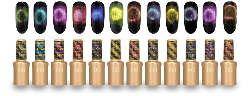 DND Gel Nail Polish and Lacquer set featuring 12 cat eye magnetic gel colors for stunning nail art and long-lasting wear.