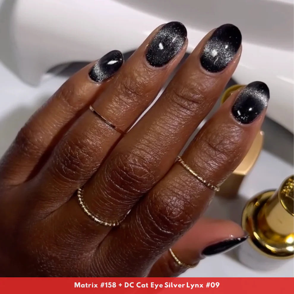 DND Dnd Magnet for Cat Eyes gel nail polish and lacquer with magnetic design, shown on a nail with a black and blue cat eye effect.