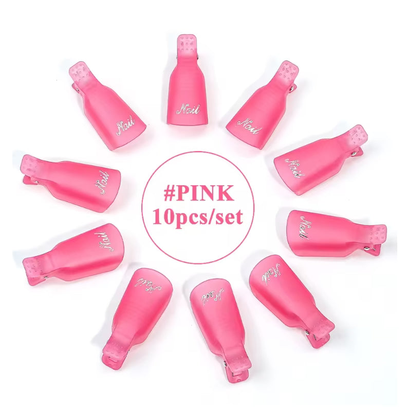 Set of 10 UNS soak-off nail clips for UV gel polish removal, made of durable nail tools with secure grip clips.