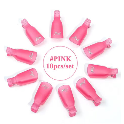 Set of 10 UNS soak-off nail clips for UV gel polish removal, made of durable nail tools with secure grip clips.
