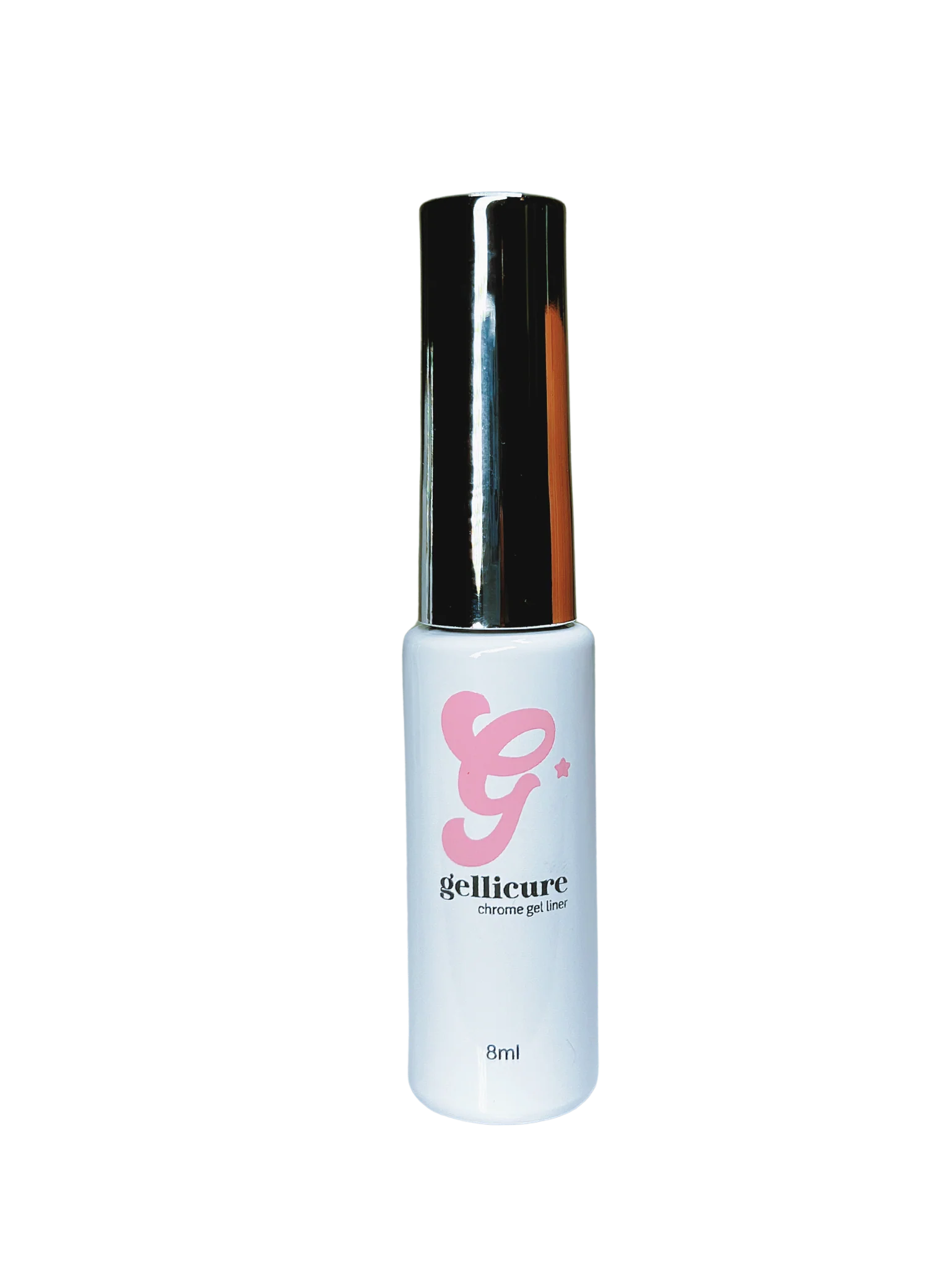 Sofi Art Gellicure Pro Chrome Gel Liner in 8ml bottle, shiny chrome finish, used for nail art and gel manicures.