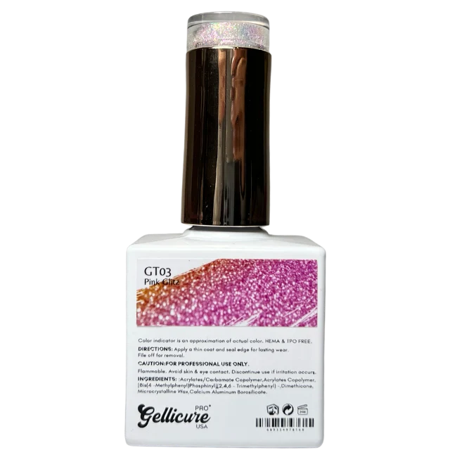 Gellicure Pro No Wipe Glitter Top Coat HEMA & TPO FREE 0.5oz - Pink Glitz #GT03