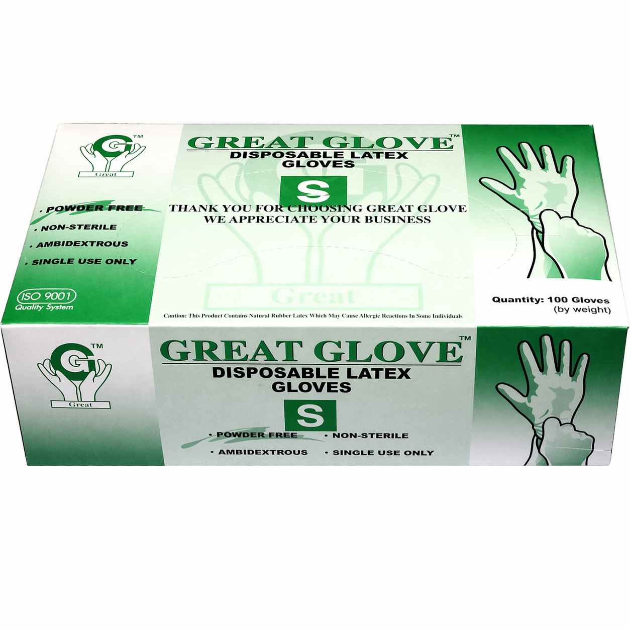 UNS Great Glove premium powder-free latex gloves for nail art, shown in box, flexible and hygienic for professional manicure use.