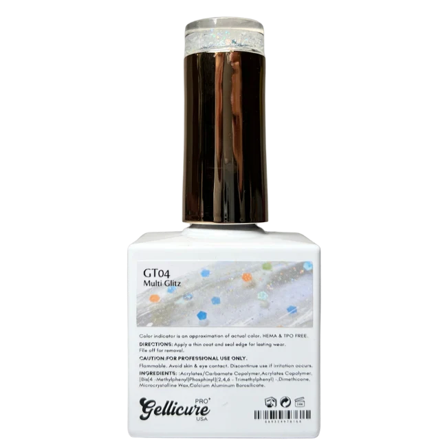 Gellicure Pro No Wipe Glitter Top Coat HEMA & TPO FREE 0.5oz - Multi Glitz #GT04