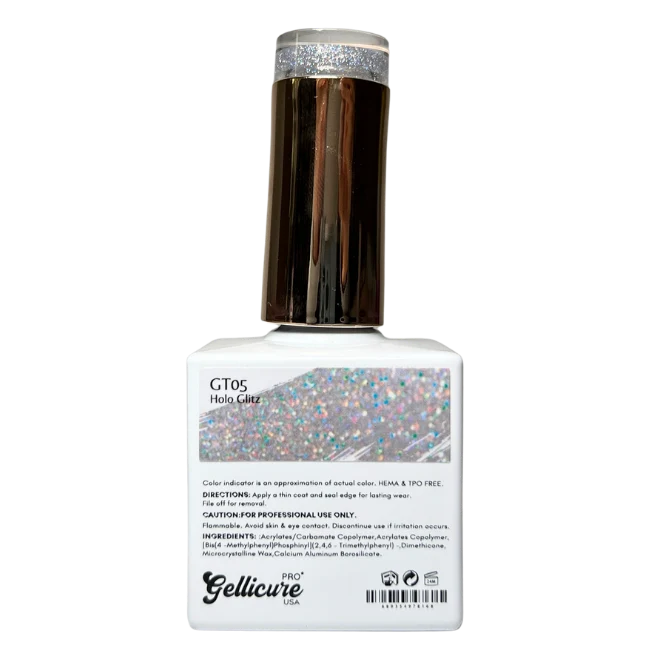 Gellicure Pro No Wipe Glitter Top Coat HEMA & TPO FREE 0.5oz - Holo Glitz #GT05