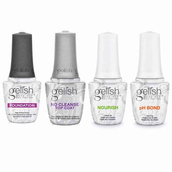 Harmony Gelish Fantastic Four gel nail polish set with base coat, no cleanse top coat, nourish, and pH bond, in colorful bottles.