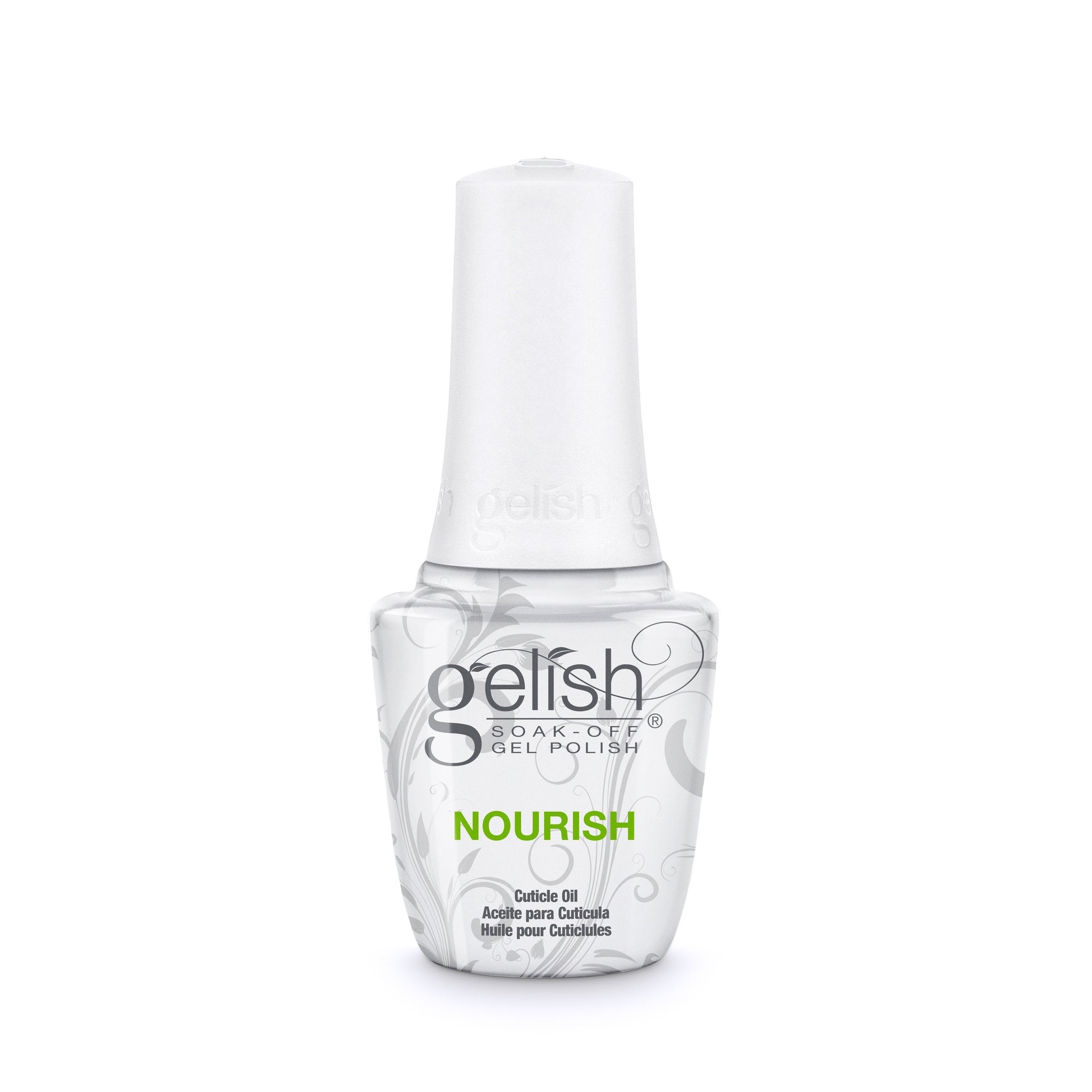 Harmony Gelish Nourish Cuticle Oil bottle, designed for nourishing cuticles with gel nail polish formula.