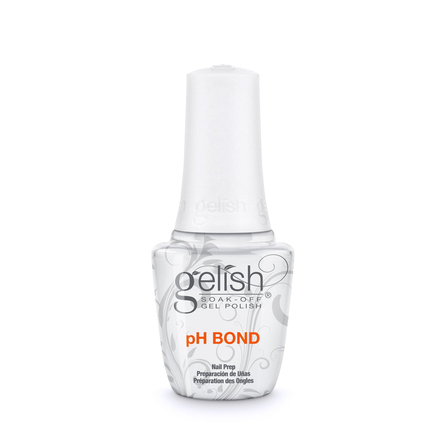 Harmony Gelish Prep PH Bond gel nail polish bottle with white and purple labeling, 0.5oz size, on a neutral background.