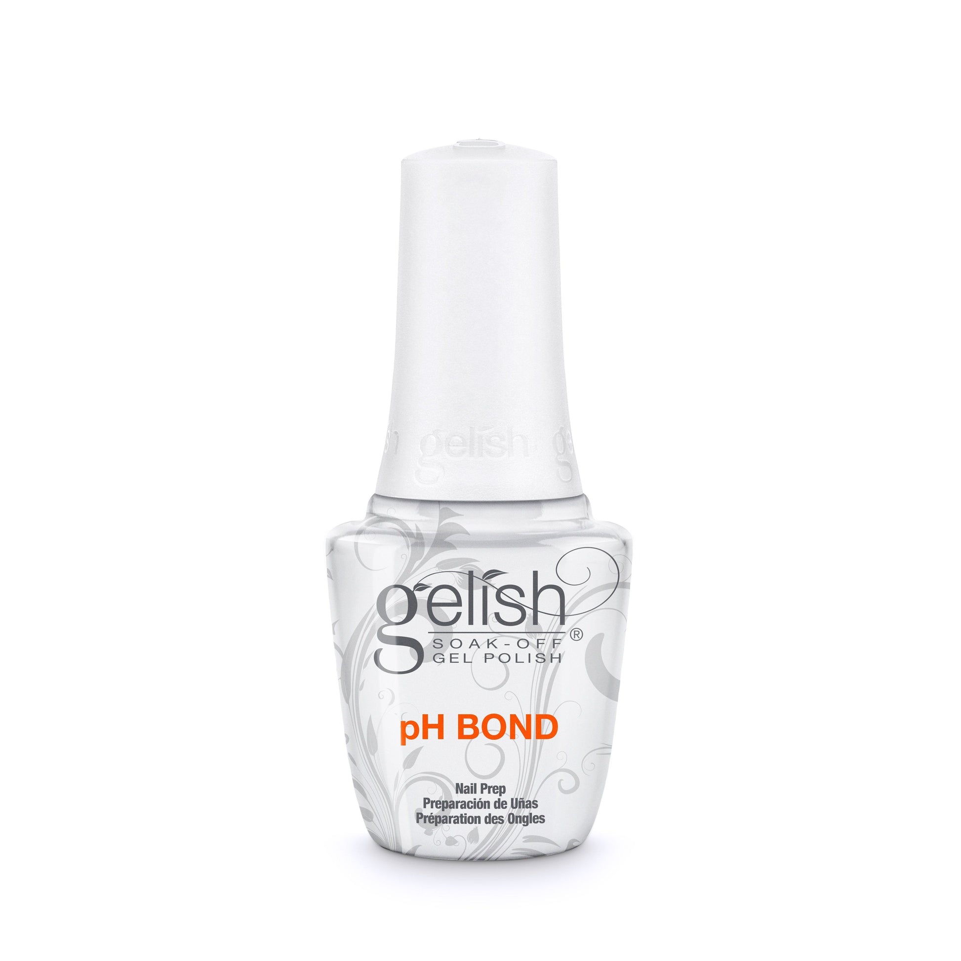 Harmony Gelish Prep PH Bond gel nail polish bottle with white and purple labeling, 0.5oz size, on a neutral background.