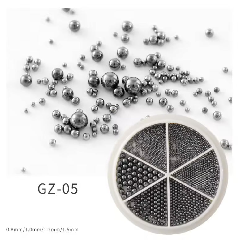 UNS 6 Grids Nail Art Tiny Steel Caviar Beads 0.8-1.5mm Mixed Size 3D Design - Universal Nail Supplies