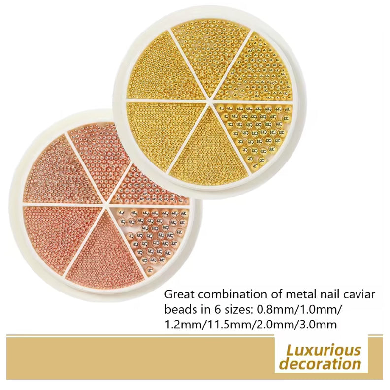 UNS 6 Grids Nail Art Tiny Steel Caviar Beads 0.8-1.5mm Mixed Size 3D Design - Universal Nail Supplies