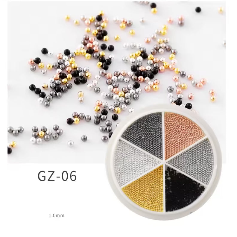 UNS 6 Grids Nail Art Tiny Steel Caviar Beads 0.8-1.5mm Mixed Size 3D Design - Universal Nail Supplies