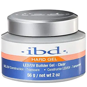 IBD Builder Gel Clear for acrylic nails, 2oz, 56g, shown in a clear jar with the gel inside for nail enhancement and tips.