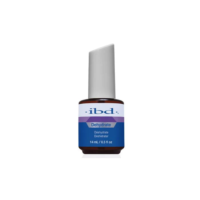IBD Dehydrate 0.5oz bottle for acrylic nails and tips, with clear label and applicator brush visible.