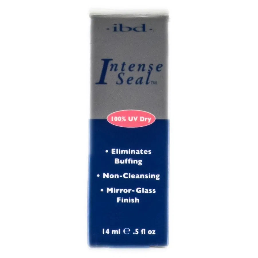 IBD Intense Seal gel nail polish in 14mL bottle, clear gel finish, with brush applicator for durable nail sealing.