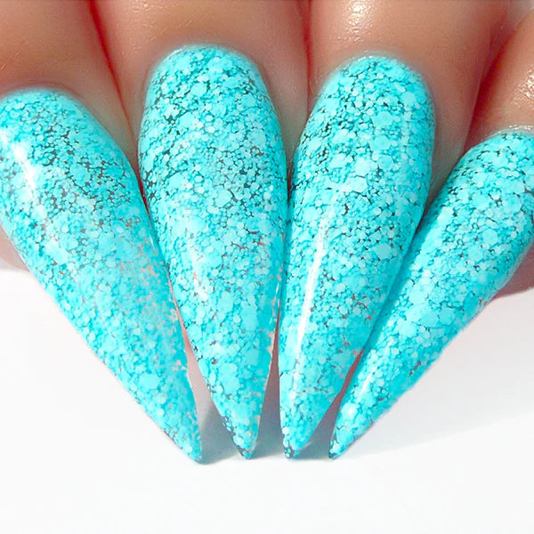 Kiara Sky Dip Powder Serene Sky #D463 gel nail polish in a clear, soft blue shade, shown in a professional nail application image.