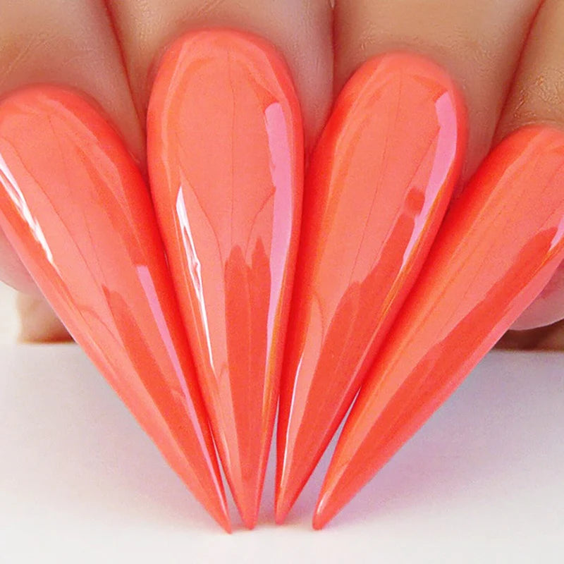 Kiara Sky Romantic Coral gel nail polish and matching lacquer, vibrant coral color with glossy finish, perfect for stylish manicures.