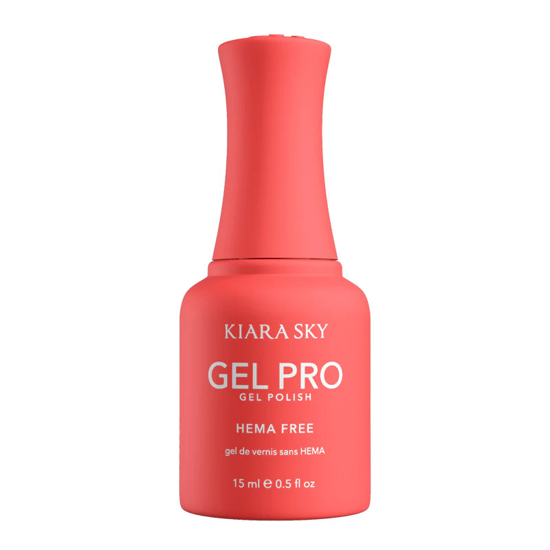 Kiara Sky Gel Pro Polish Coral Cutie HEMA-Free & TPO-Free gel polish in coral shade, shown in bottle with color swatch.
