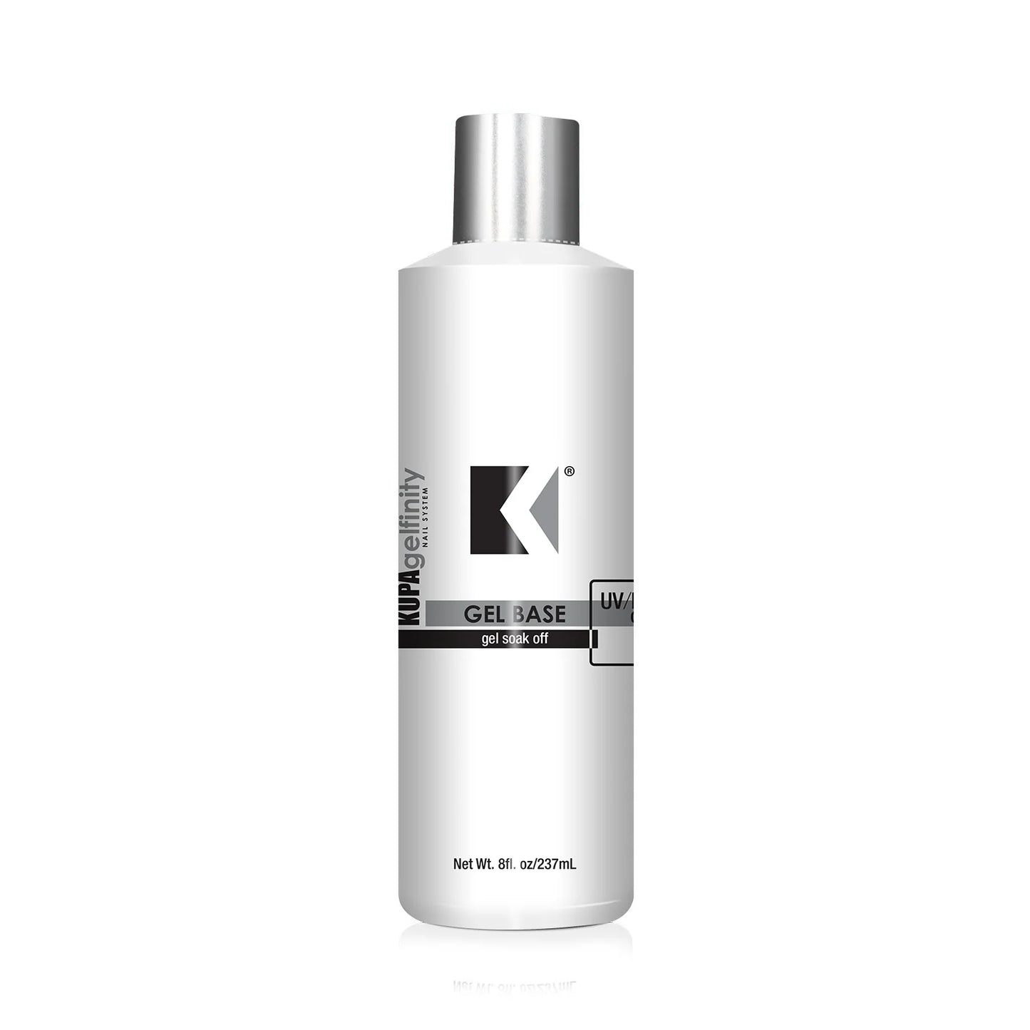 Kupa GelFinity 8oz refill bottle of gel nail base and top coat for professional gel manicures, shown in a sleek bottle with label.