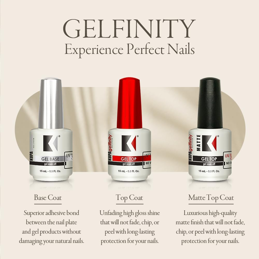 KUPA Gelfinity - Soak Off Gel - Base & Glossy Top & Matte Top Coat (No-Wipe) 0.5 Fl Oz - Universal Nail Supplies