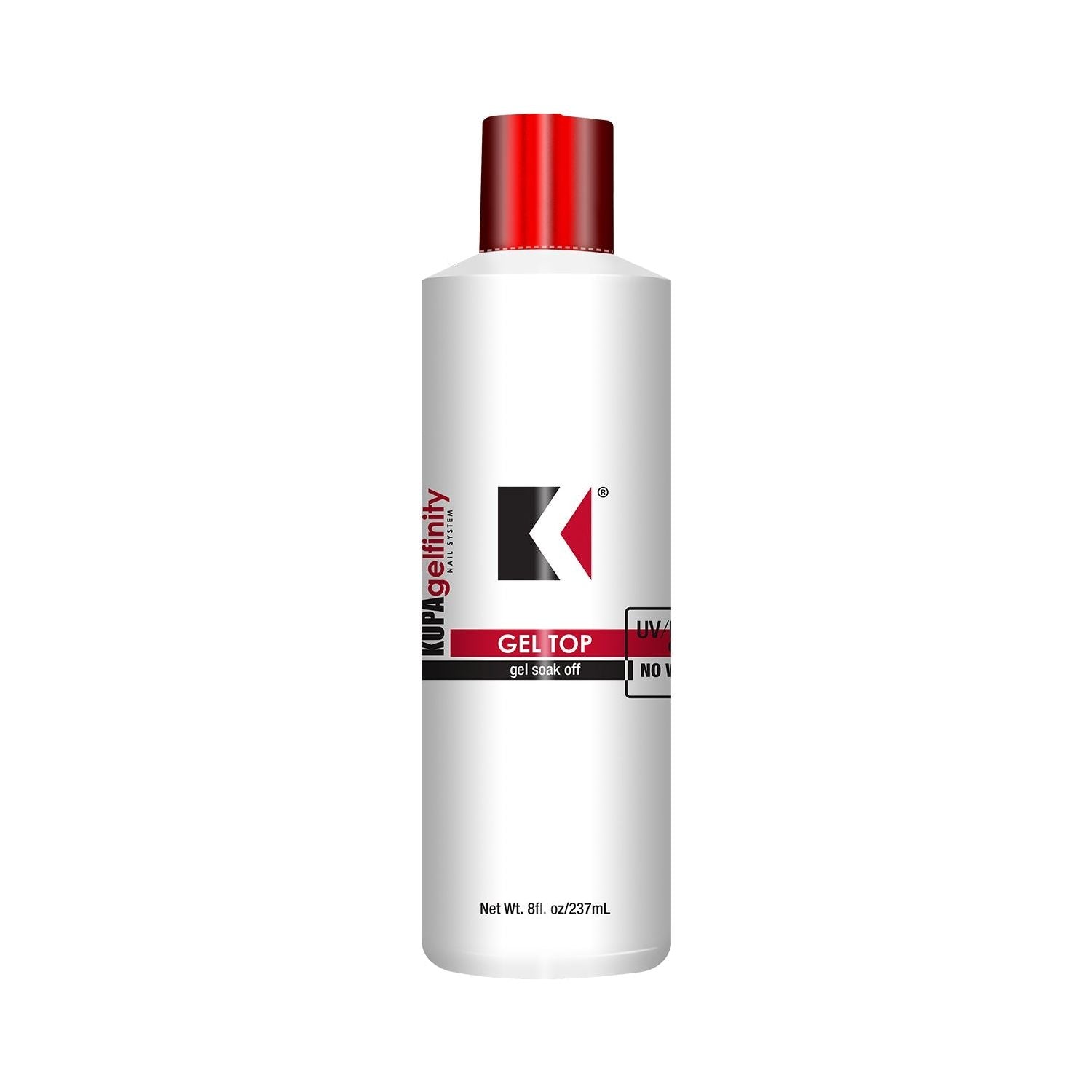 Kupa GelFinity Soak Off Gel Top Coat with glossy finish in 8oz refill bottle, no-wipe base and top coat for gel nails.