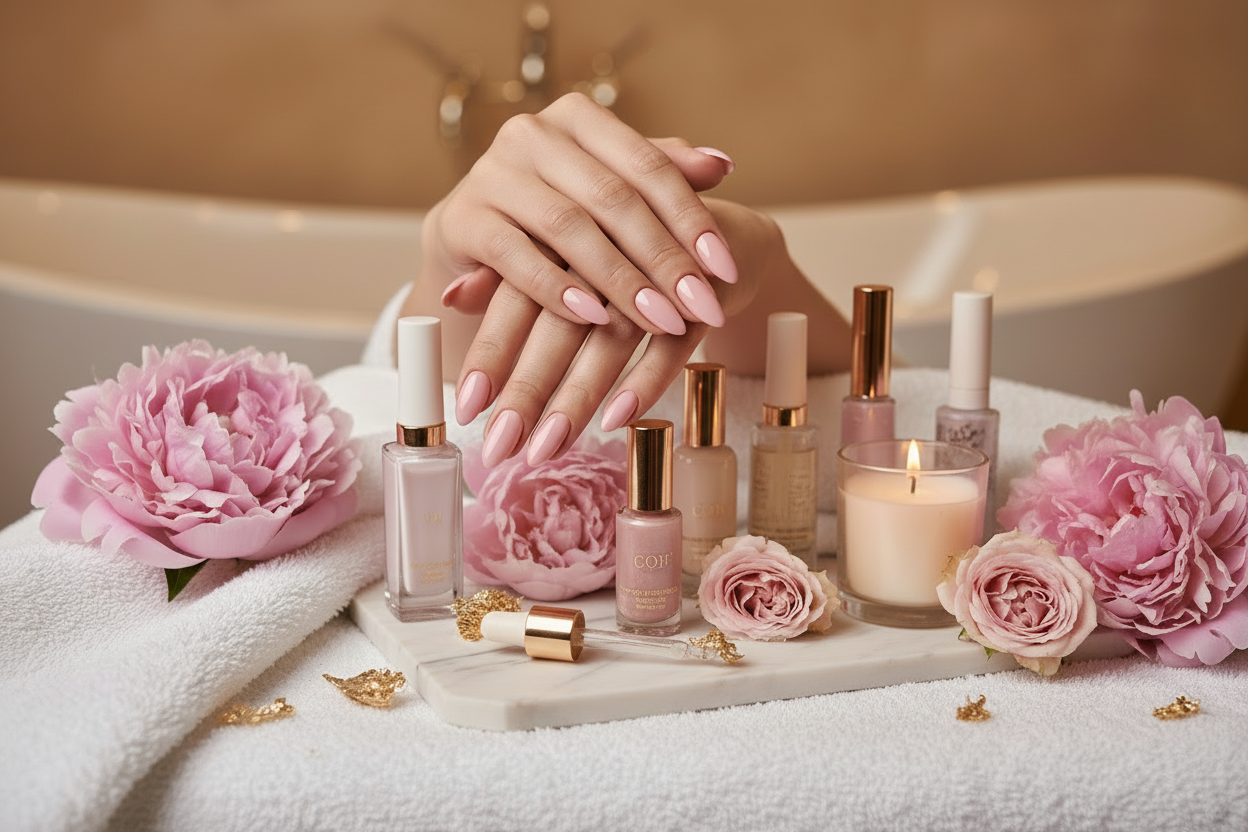 Large spa-inspired hero image with manicured hands and premium nail products