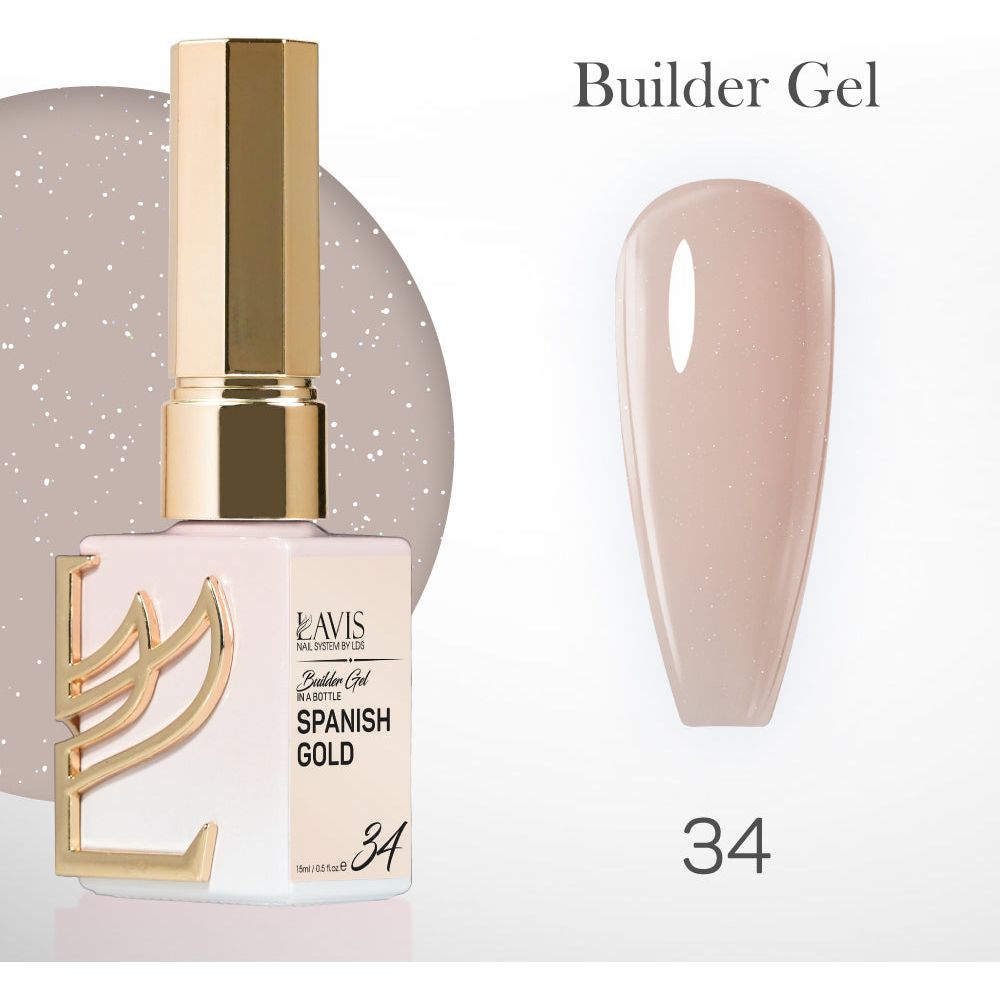 LAVIS Builder Gel B34 Spanish Gold in 15ml bottle, a durable gel polish for nail extensions and enhancements.