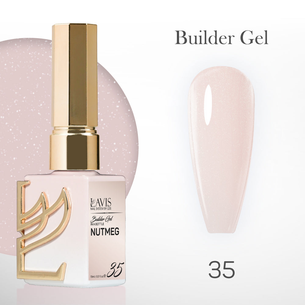 LAVIS Builder Gel in B35 Nutmeg color, 15ml bottle from LAVIS Nail System, showing the gel inside the bottle.