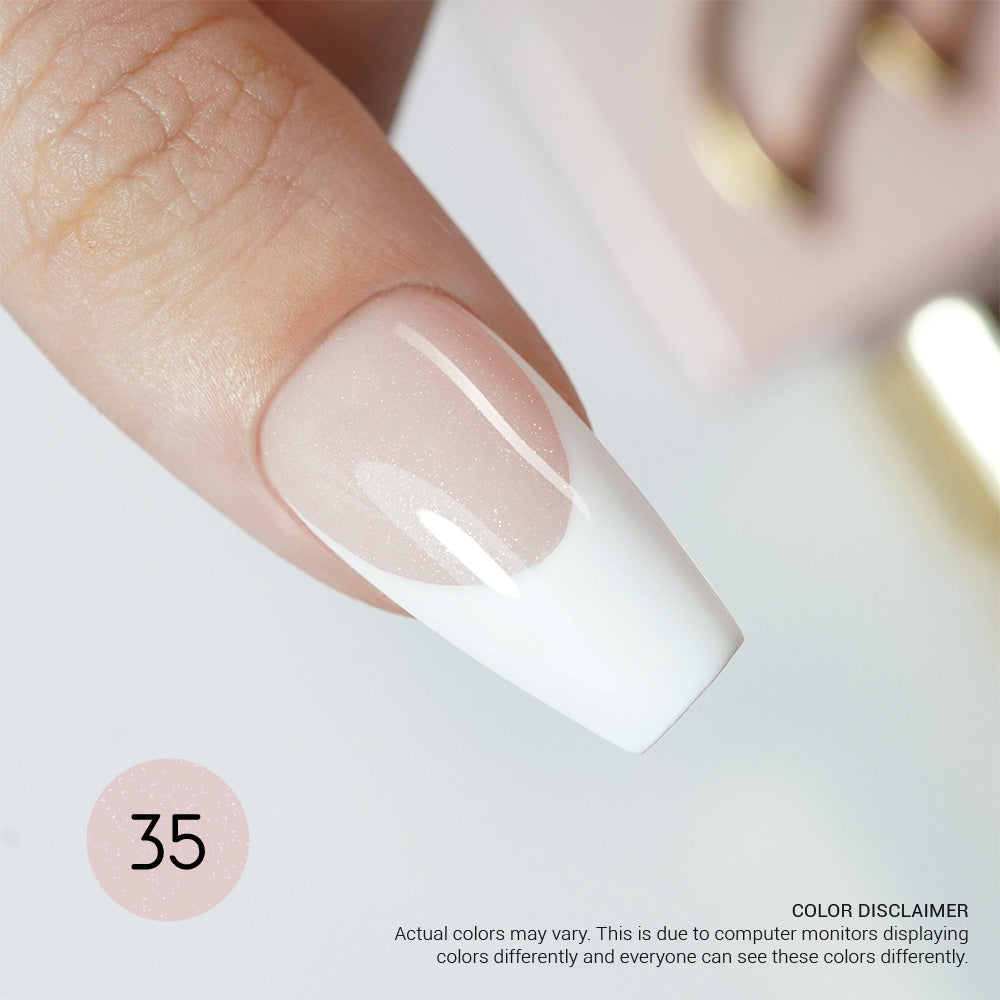 LAVIS Builder Gel in B35 Nutmeg, 15ml bottle, showing smooth gel texture and applicator tip for nail enhancements.