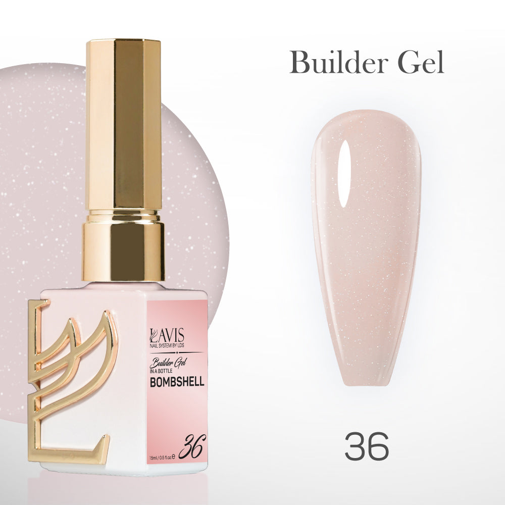 LAVIS Builder Gel B36 Bombshell in 15ml bottle, clear nail gel for strong, durable nail enhancements from LAVIS Nail System