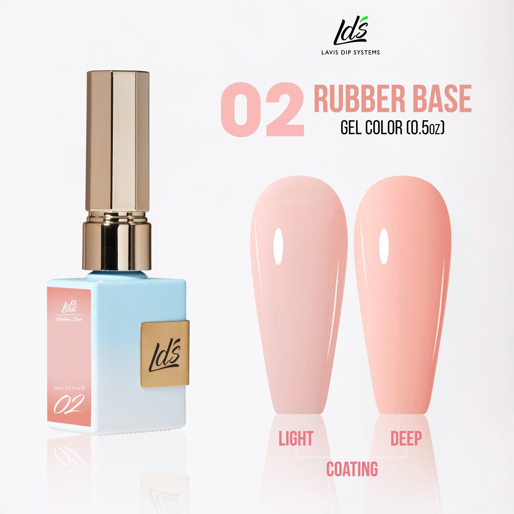 LAVIS Nail System LDS Rubber Base Gel Polish RB-02 in 15ml bottle with black cap and clear label, shown on a white background.