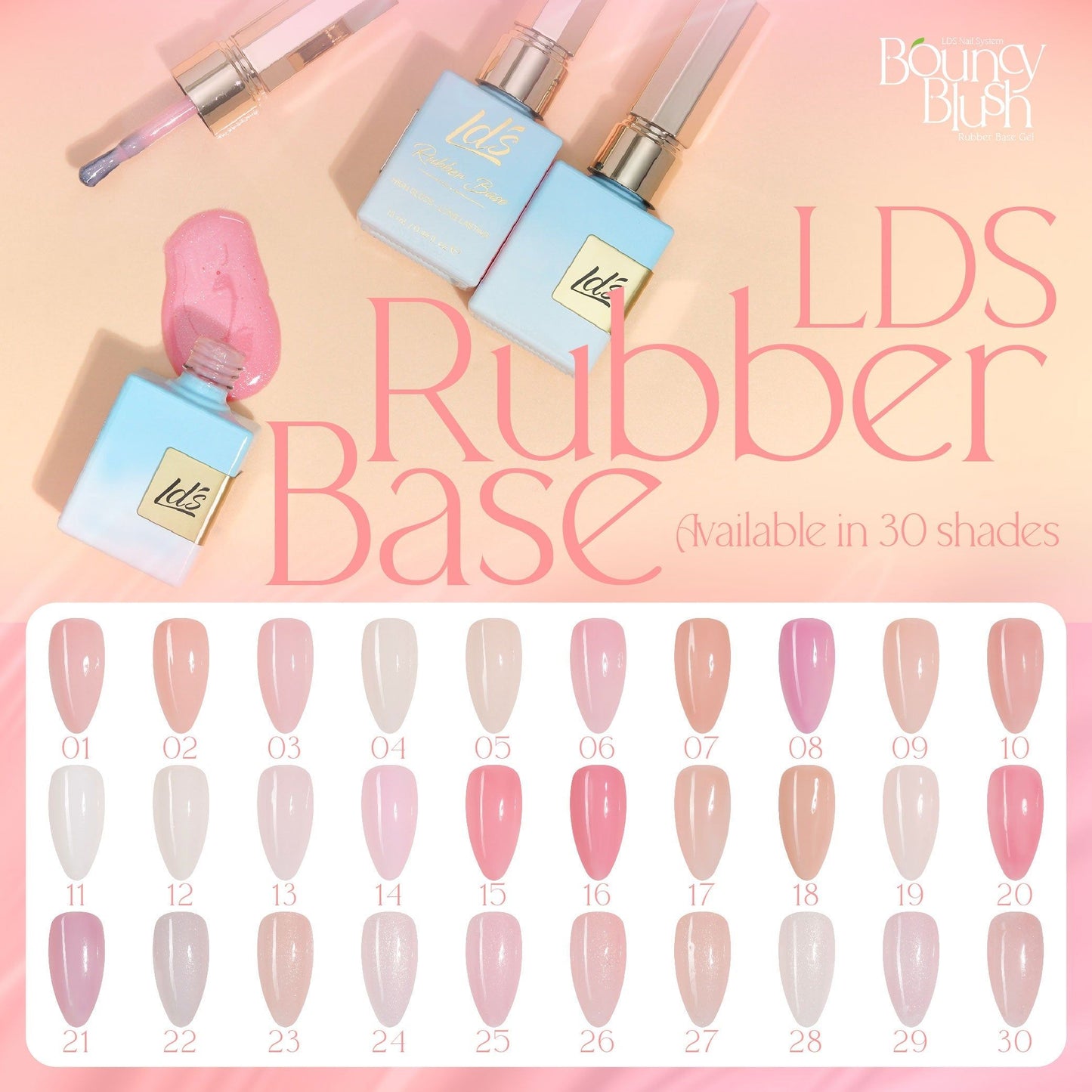 LDS Rubber Base Gel Polish RB-13 in 15ml bottle, clear rubber base gel for durable nail application, shown in the image.
