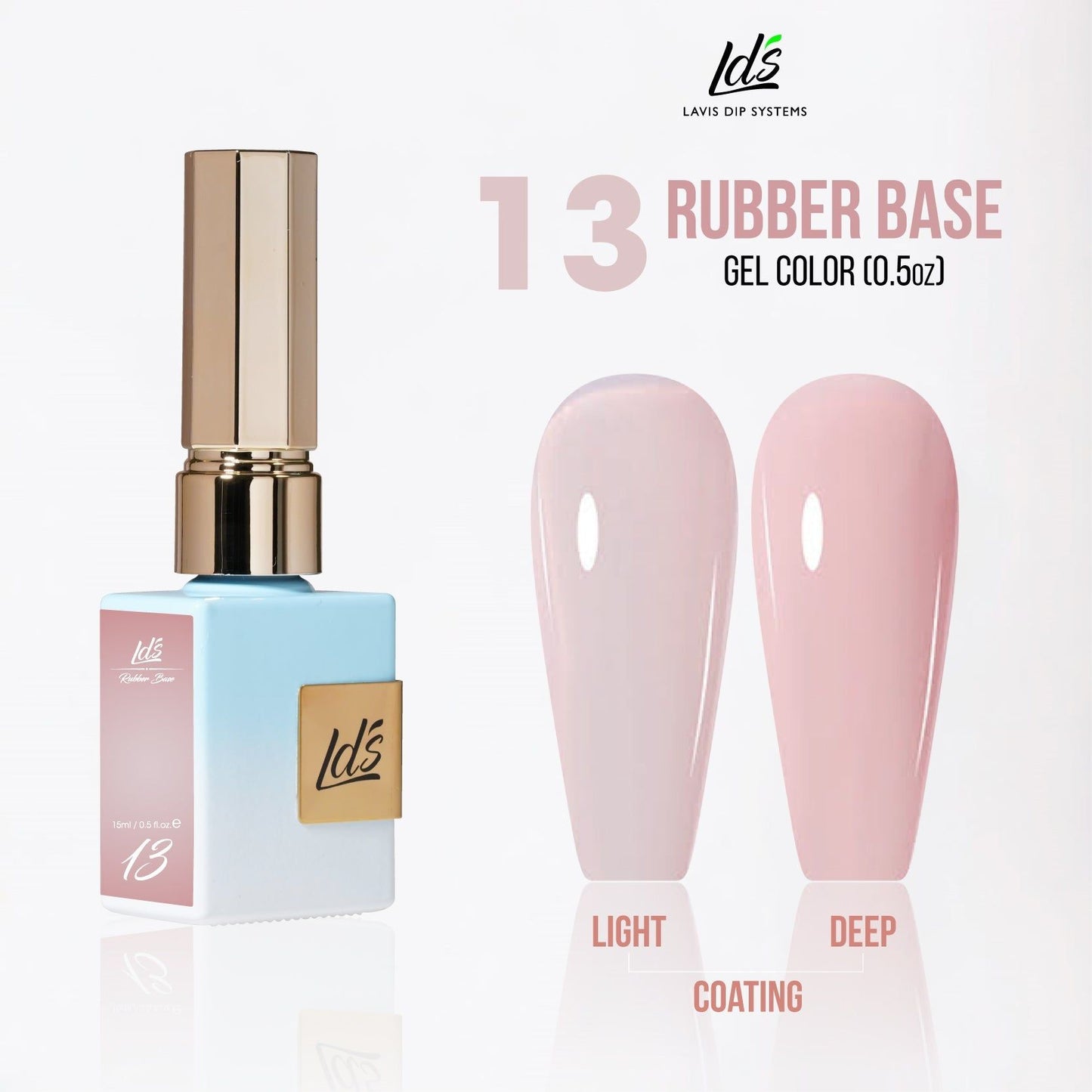 LDS Rubber Base Gel Polish RB-13 in 15ml bottle, clear rubber base nail polish with black cap and branding details