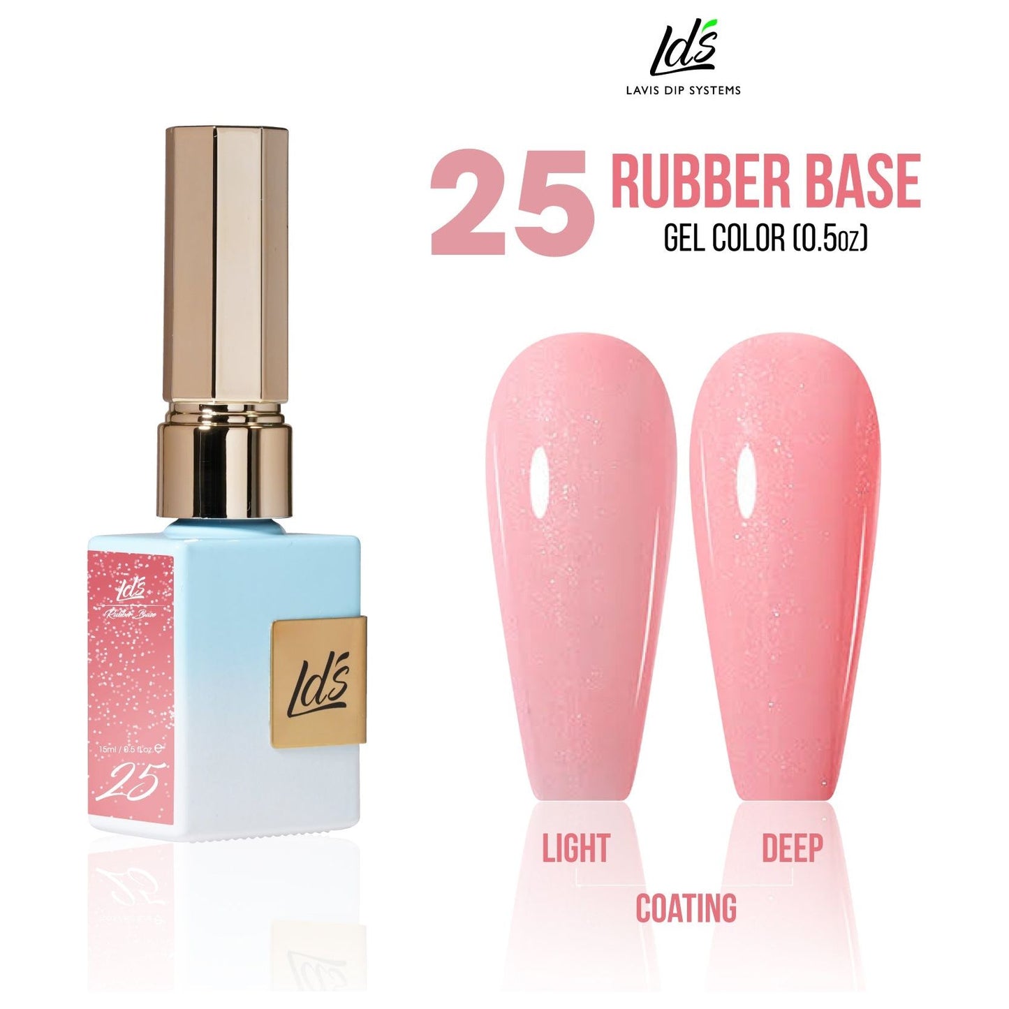 LDS Rubber Base Gel Polish in 15ml bottle, RB-25, showing the clear rubber base gel for durable nail application.