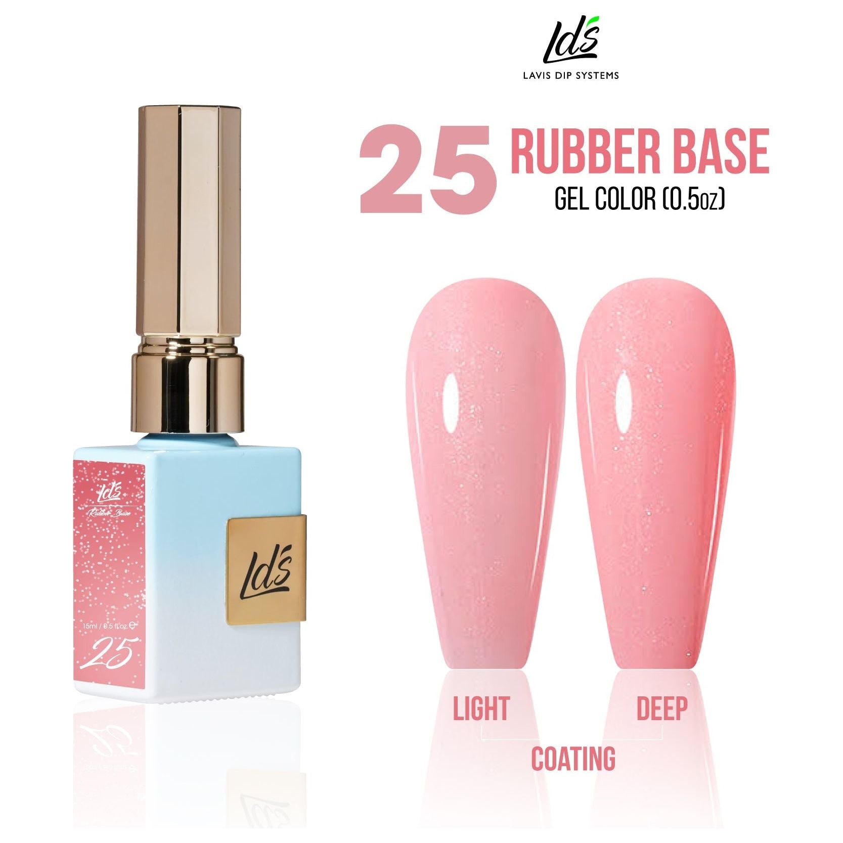 LDS Rubber Base Gel Polish in 15ml bottle, RB-25, showing the clear rubber base gel for durable nail application.