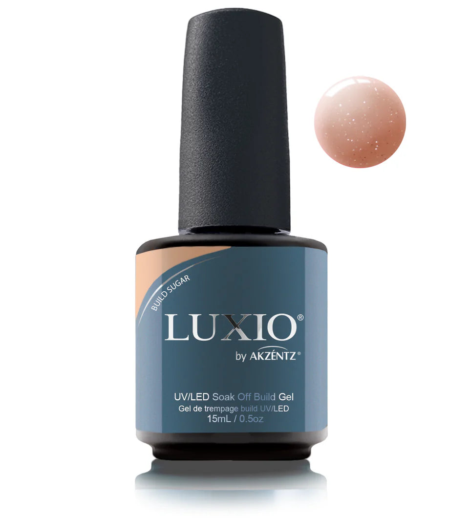 Luxio Build Sparkles Sugar UV/LED soak-off gel polish in 15ml bottle with glittery finish for nail enhancements