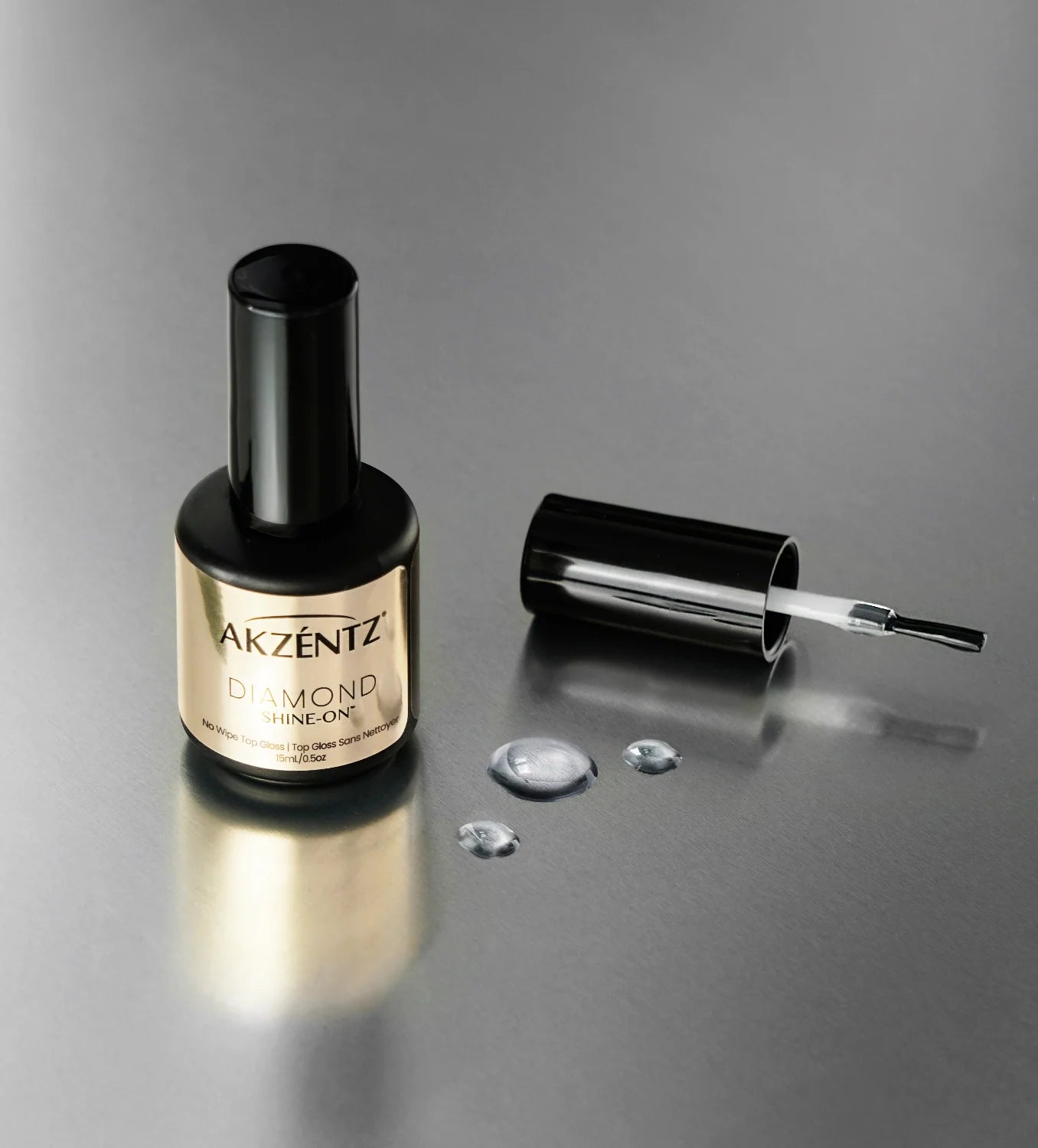 Luxio Diamond Shine-On Gel Polish top coat with no wipe, glossy finish, TPO-free, applied over gel nails in a professional setting.