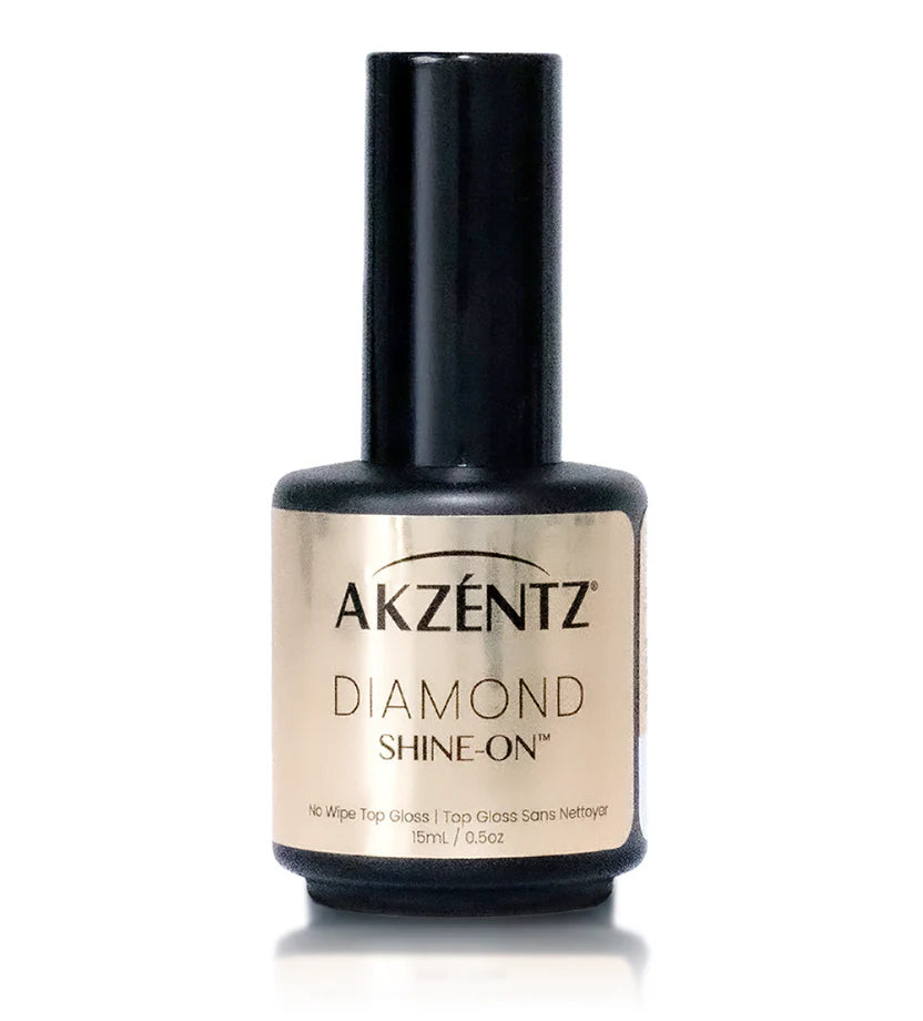 Luxio Diamond Shine-On Gel Polish top coat with a glossy, smooth finish, TPO-free, shown on a nail surface.