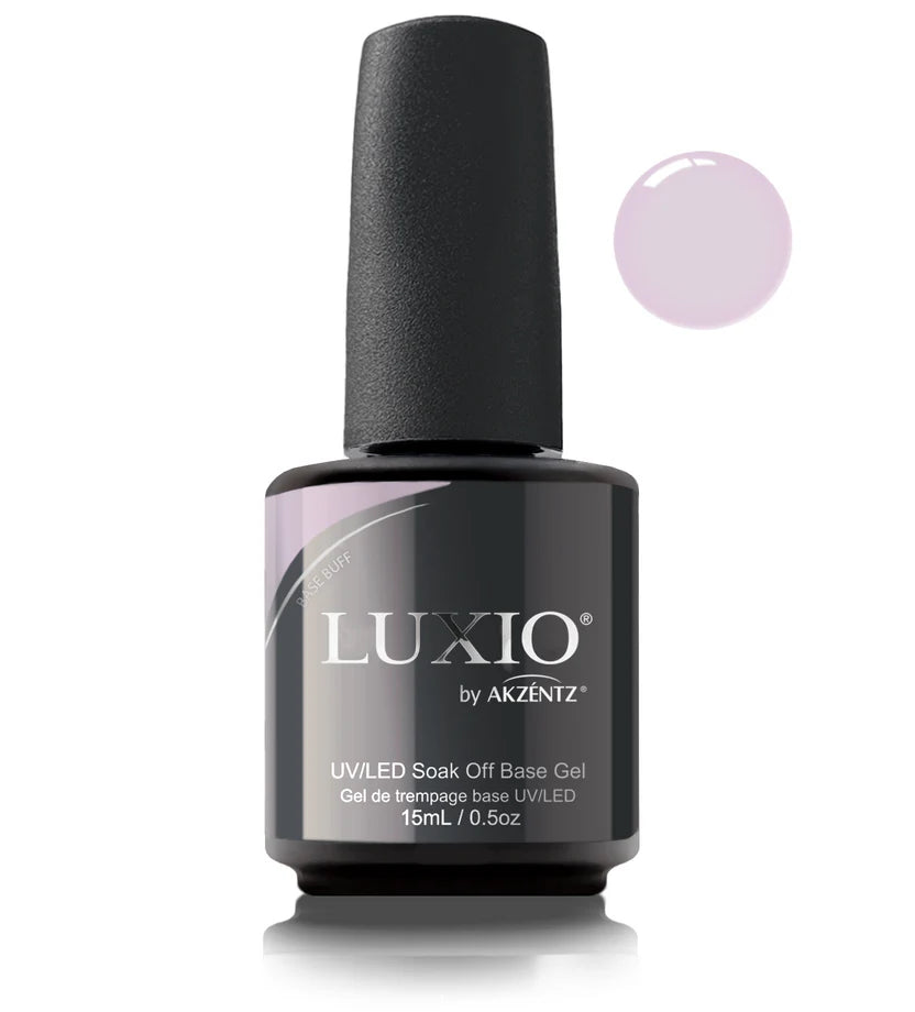 Luxio Naked Soak Off Base Gel Buff bottle, 15ml, TPO free, featuring a clear gel polish base for nails.