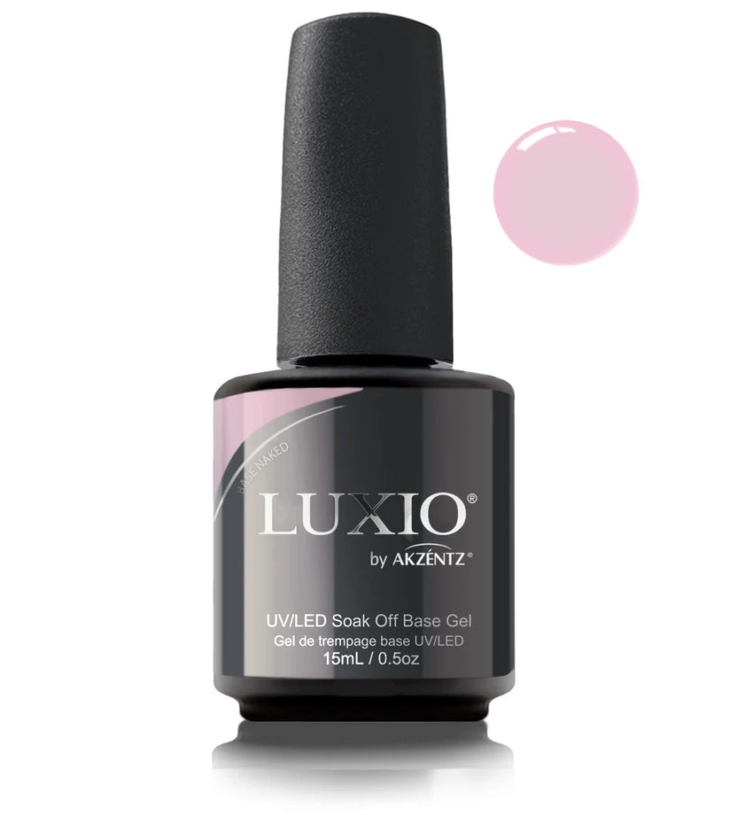 Luxio Naked Soak Off Base Gel in 15ml bottle, TPO free, with clear, nude-colored gel polish for nail application.