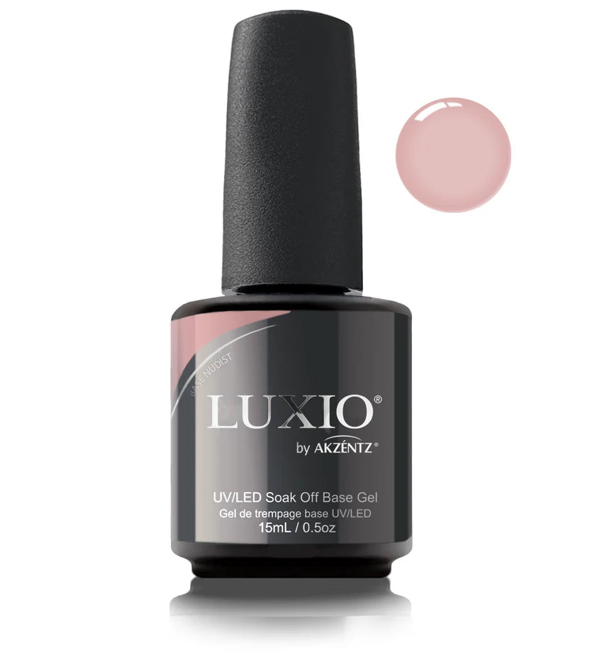 Luxio Naked Soak Off Base Gel in 15ml bottle, TPO free, with clear gel and minimalist label for natural nail prep.
